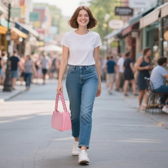 Women's Pink Shoulder Leather Bag Cute Hobo Mini Clutch Zipper Closure Handbag - Picture 9 of 9